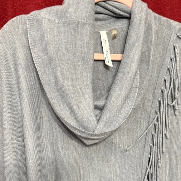 NY Collection Light Gray Cowl Neck Sweater with Fringe - Picture 3 of 4